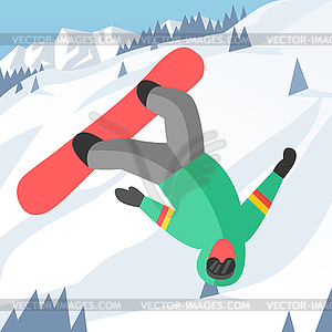 Snowboarder jumping pose on winter outdoor - vector image