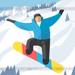 Snowboarder jumping pose on winter outdoor - vector image