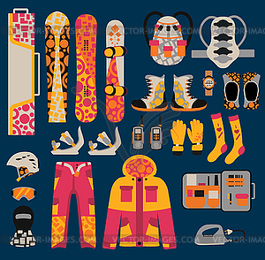 Сноуборд спортивной одежды и инструменты элементы - изображение в векторном виде