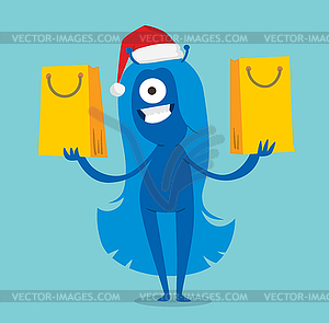 Cartoon cute monsters Christmas sale shopping - vector clip art
