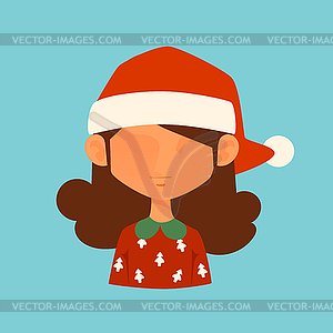 Girl Christmas Santa red hat avatar face icon - vector clip art