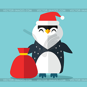 Penguin Sanata hat and gift sack - vector clipart