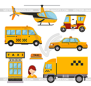 Different types of taxi transport. Cars, helicopter - vector clip art