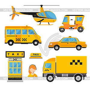 Different types of taxi transport. Cars, helicopter - vector image