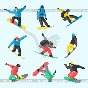 Snowboarder jump in different pose - vector clipart