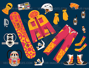 Snowboard sport clothes and tools elements - vector image