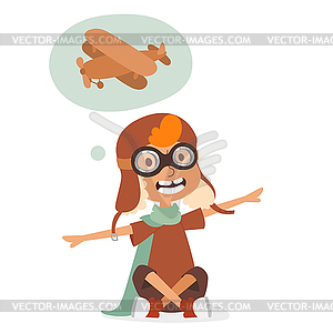 Small cartoon kids playing pilot aviation, dreams - vector clip art