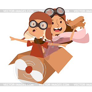 Small cartoon kids playing pilot aviation, dreams - vector image