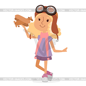 Small cartoon kids playing pilot aviation, dreams - vector clipart