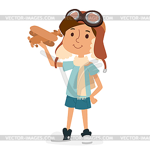 Small cartoon kids playing pilot aviation, dreams - vector clip art