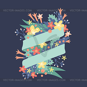 Nature flowers wreath with flowers, foliage ribbons - vector clip art