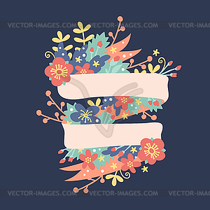 Nature flowers wreath with flowers, foliage ribbons - vector image