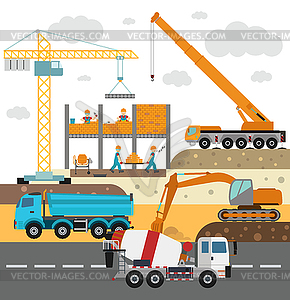 Building under construction, workers and - vector image