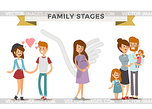 Small girl, adult boy and girl couple, pregnant - vector image