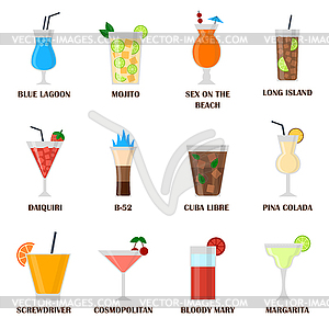 Набор различных алкоголя бутылки для напитков и очки - цветной векторный клипарт