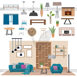 Modern living room interior with wood floor - vector clipart