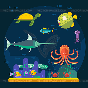 Underwater background coral garden with glossy wate - vector image