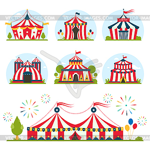 Cartoon circus tent with stripes and flags . Ideal - vector clip art