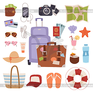 Летние каникулы символы пляж путешествия праздник Touris - графика в векторном формате