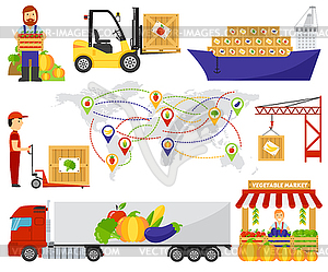 Cartoon green eco food fruits delivery truck - vector clip art