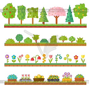 Плоские природа садовые цветы растения зеленый экология - иллюстрация в векторном формате