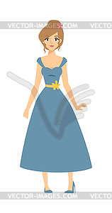 Full body young blonde top model woman in blue dres - color vector clipart