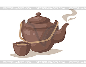 Gray china cartoon teapot and cup with hot tea drink - vector image