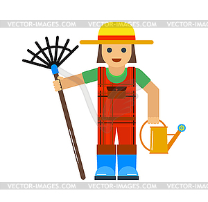 Gardener man worker with sprinkle and rake manual - vector image