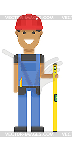 Worker in hard hat measure with yellow ruler blue - vector image