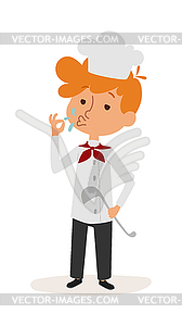 Glad little boy chef standing cute young dressed - vector clip art