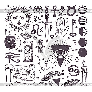 Set of trendy esoteric symbols collection sketch - vector clipart