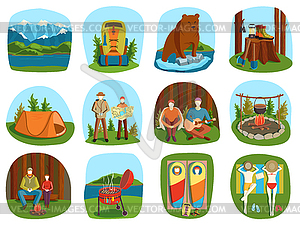 Set of camping equipment symbols and icons summer - vector image