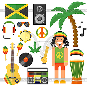 Reggae artist musical instrument and rastafarian - vector clip art