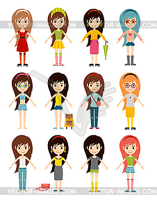 Funny cartoon girls cute female young woman happy - vector clipart