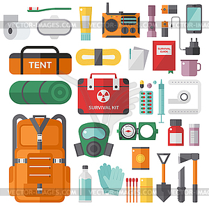 Survival emergency kit for evacuation objects set - color vector clipart