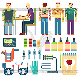 Tattoo kit and equipment, people studio ink art - vector clipart