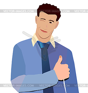 Businessman in blue shirt smiling thumbs up wink - vector clipart / vector image