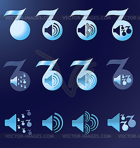 Set blue notes speakers dark background - vector clipart