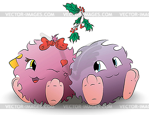 Two cute cartoon monster Christmas mistletoe - vector image