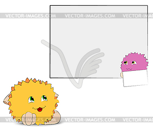 Two colored cartoon characters look at poster - vector image