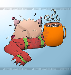 Happy drawing character in scarf and with mug of - vector image