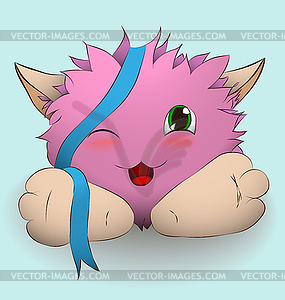 Cartoon pink creature with blue ribbon, winks and - vector clipart