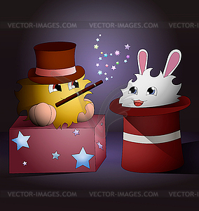 Cartoon magician and rabbit inside magic hat - vector image