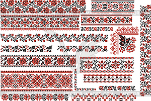 Цветочные красные и черные узоры для вышивки - векторный клипарт Royalty-Free