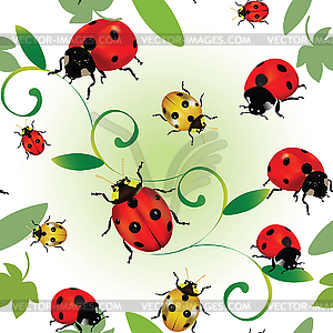 Seamless colourful pattern with ladybugs and leaves - vector image