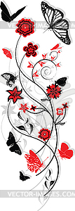 Floral ornament with butterflies, red and black - vector image