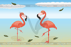 Stoic flamingos on beach - vector clipart / vector image