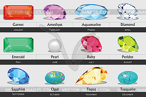 Collection of gemstones by month, no gradients - vector clip art