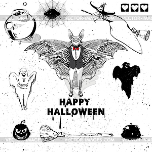 Set of witch, bat, pumpkin, ghost - vector clipart