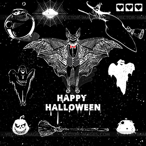 Set of witch, bat, pumpkin, ghost - vector image